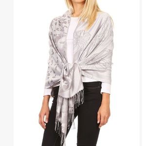 Grey Floral Fringe-Trim Scarf